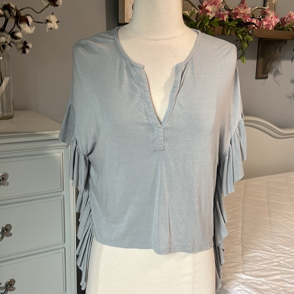 Gray Knit Flowy Western Top Drop Shoulder Waterfall Ruffle Womens XS - Picture 7 of 11
